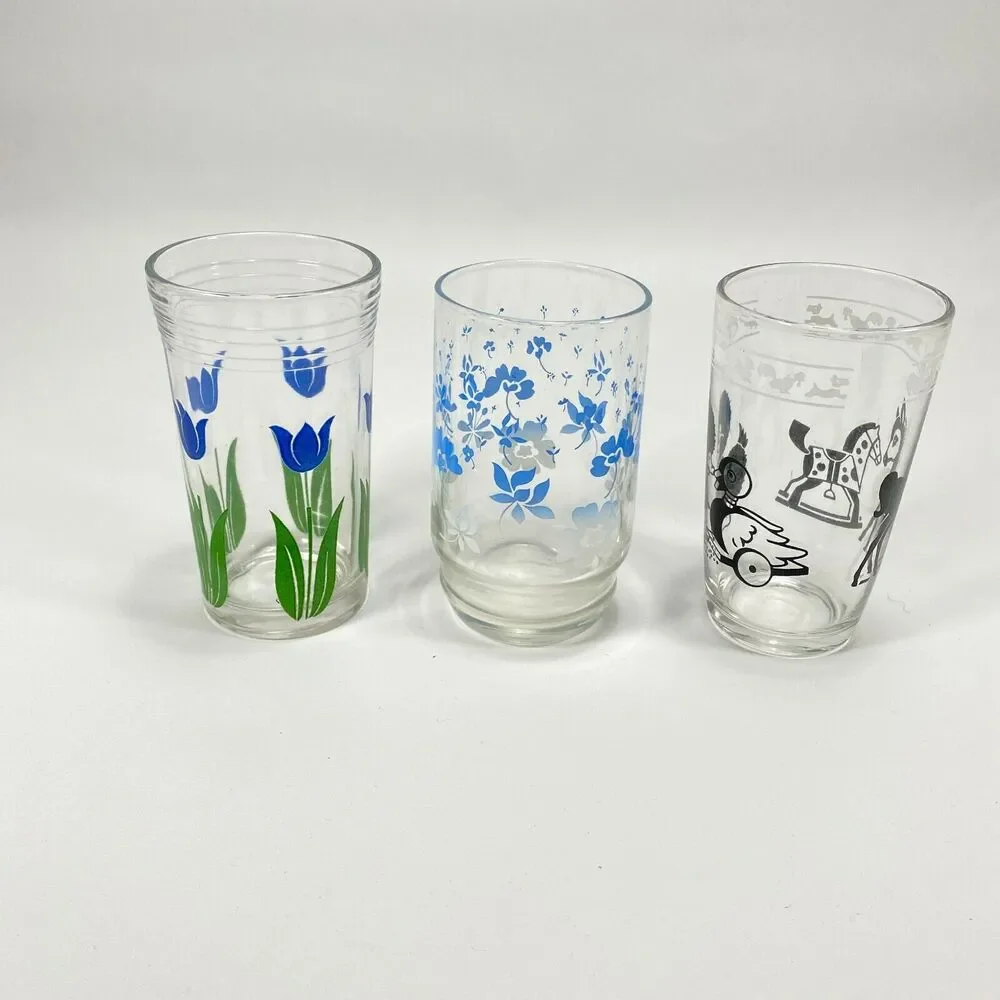 Vtg 50s 3 Juice Glasses Swanky Swig Kraft Hazel Atlas Kitsch Cottage Farmhouse